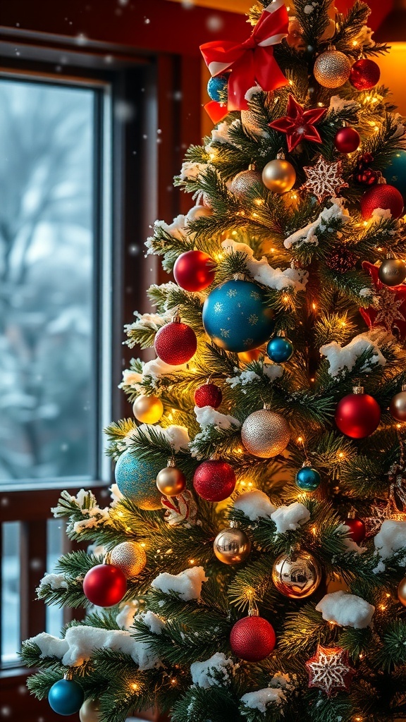 A decorated Christmas tree with lights and ornaments in a snowy setting.